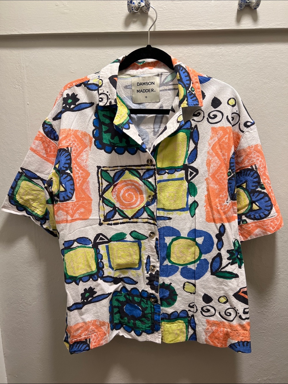 Damson Madder Printed Organic Cotton & Linen Blend Button Down Shirt, US12